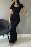 Black Casual Solid Basic V Neck Long Dresses