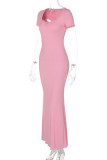 Pink Casual Solid Basic V Neck Long Dresses
