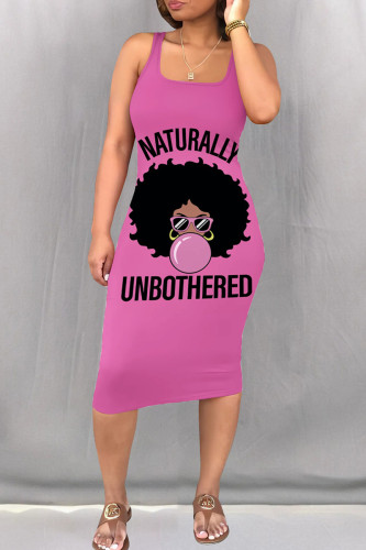 Pink Black Casual Print Patchwork Square Collar Wrapped Skirt Dresses