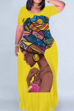 Yellow Casual Print Figure Patchwork O Neck Printed Dresses