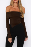 Army Green Street Solid Patchwork Fold Off the Shoulder Tops