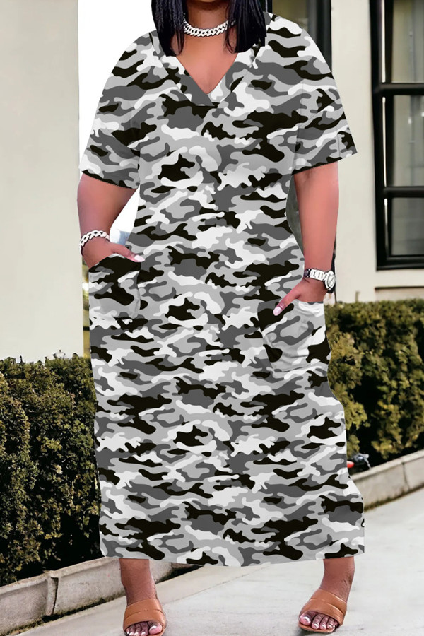 Gray White Casual Camouflage Print Patchwork V Neck Straight Plus Size Dresses