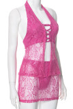 Rose Red Sexy Solid Lace Hollowed Out Patchwork See-through Cross Straps Halter Sleeveless Two Pieces