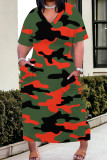 Orange Red Casual Camouflage Print Patchwork V Neck Straight Plus Size Dresses