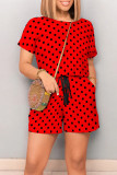 Black Casual Print Polka Dot Draw String Contrast O Neck Loose Rompers