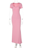 Pink Casual Solid Basic V Neck Long Dresses
