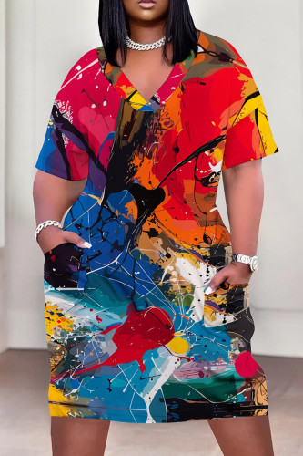 Red Blue Casual Print Patchwork Pocket V Neck Straight Plus Size Dresses
