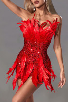 Red Sexy Solid Sequins Patchwork Feathers Zipper Strapless Wrapped Skirt Dresses