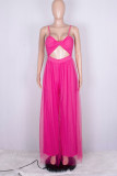 Rose Red Casual Solid Hollowed Out Patchwork Mesh Zipper Spaghetti Strap Loose Jumpsuits