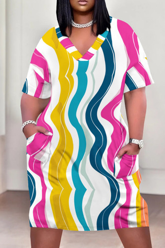 Colour Casual Print Patchwork Pocket V Neck Straight Plus Size Dresses