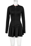Black Casual Solid Patchwork Zipper Zipper Collar Long Sleeve Two Pieces