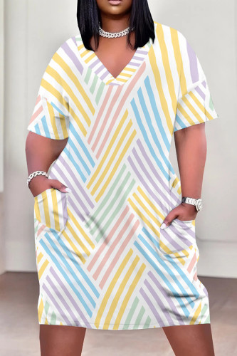 Light Color Casual Print Patchwork Pocket V Neck Straight Plus Size Dresses