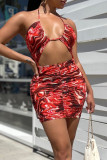 Red Sexy Print Bandage Hollowed Out Patchwork Backless Halter Wrapped Skirt Dresses