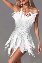 White Sexy Solid Sequins Patchwork Feathers Zipper Strapless Wrapped Skirt Dresses