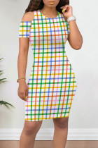 Multicolor Casual Print Hollowed Out Patchwork O Neck Wrapped Skirt Dresses