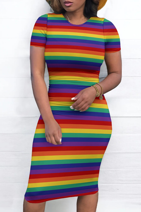 Rainbow Color Elegant Striped Color Block Patchwork O Neck Wrapped Skirt Dresses