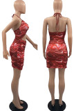 Red Sexy Print Bandage Hollowed Out Patchwork Backless Halter Wrapped Skirt Dresses