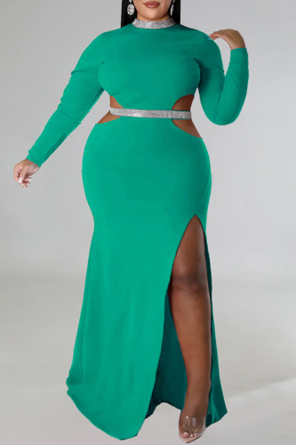 Green Elegant Hollowed Out Patchwork High Opening Zipper O Neck Long Plus Size Dresses