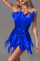 Blue Sexy Solid Sequins Patchwork Feathers Zipper Strapless Wrapped Skirt Dresses