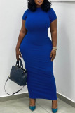 Blue Casual Solid Patchwork Zipper O Neck Wrapped Skirt Plus Size Dresses