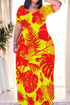 Fluorescent Yellow Casual Print Patchwork O Neck Long Dresses