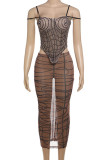Brown Street Print Bandage Patchwork See-through Backless Spaghetti Strap Sleeveless Two Pieces