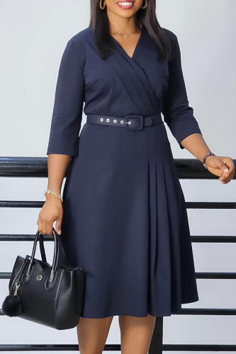Deep Blue Elegant Solid Patchwork Fold With Belt V Neck A Line Dresses