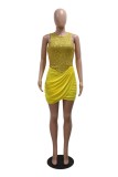 Yellow Sexy Patchwork Sequins O Neck Wrapped Skirt Dresses
