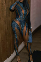 Blue Sexy Print Patchwork See-through O Neck Skinny Jumpsuits