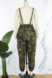 Army Green Casual Camouflage Print Patchwork Spaghetti Strap Regular Jumpsuits