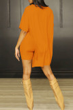 Orange Casual Solid Patchwork High Opening O Neck Short Sleeve Two Pieces