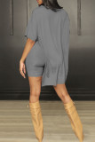 Grey Casual Solid Patchwork High Opening O Neck Short Sleeve Two Pieces
