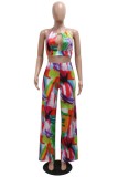 Multi-color Sexy Print Bandage Hollowed Out Backless Halter Sleeveless Two Pieces