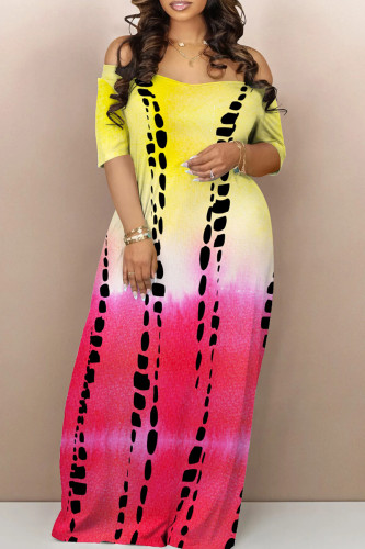 Red Yellow Casual Gradient Patchwork Off the Shoulder Long Dresses