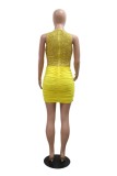 Yellow Sexy Patchwork Sequins O Neck Wrapped Skirt Dresses