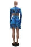 Blue Sexy Print Bandage Hollowed Out Asymmetrical Halter Long Sleeve Two Pieces