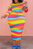 Multicolor Elegant Color Block Bandage Patchwork O Neck Wrapped Skirt Plus Size Dresses