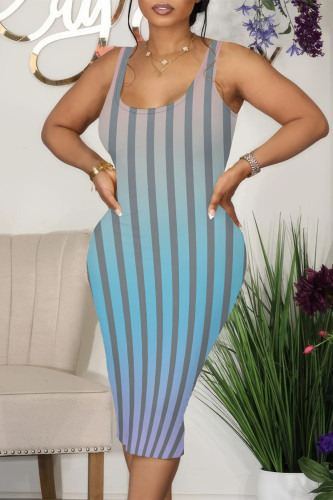 Grey Casual Gradient Striped Contrast U Neck Printed Dresses
