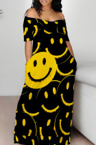 Yellow Casual Print Patchwork Pocket Off the Shoulder Long Dresses