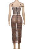 Brown Street Print Bandage Patchwork See-through Backless Spaghetti Strap Sleeveless Two Pieces
