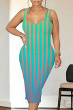 Blue Casual Gradient Striped Contrast U Neck Printed Dresses