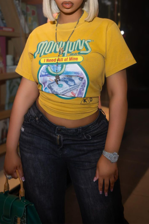 Yellow Casual Print Patchwork O Neck T-Shirts