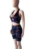 Black Sexy Print Hollowed Out Patchwork Backless V Neck Sleeveless Two Pieces