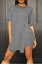 Grey Casual Solid Patchwork High Opening O Neck Short Sleeve Two Pieces