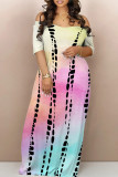 Purple And White Casual Gradient Patchwork Off the Shoulder Long Dresses