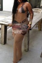 Brown Celebrities Print Bandage Patchwork See-through High Opening Halter Sleeveless Two Pieces