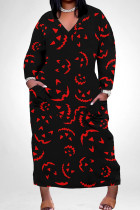 Red Casual Print Patchwork Pocket V Neck Long Plus Size Dresses