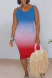 Rainbow Color Casual Gradient Patchwork V Neck Long Dresses