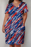 Baby Blue Casual Print Patchwork Pocket V Neck Straight Plus Size Dresses