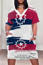 White Casual Letter Print The stars Pocket Contrast V Neck Short Sleeve Plus Size Dresses